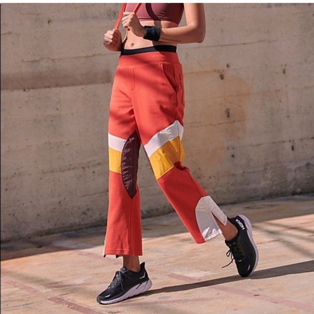 Free People Colorblock Wide-Leg Track Pants in Rust, Yellow & White